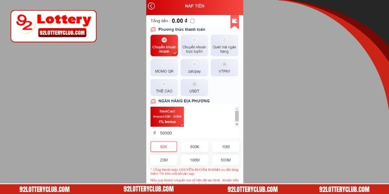 Nạp tiền 92lottery siêu tốc từ thẻ cào điện thoại